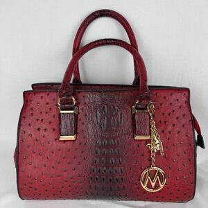 Mia K Farrow Red Ostrich Crocodile Embossed Satchel Handbag Gold Hardware